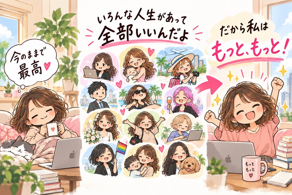 いろんな人生があって全部いいんだよ、という世界に触れて「もっと、もっと」と思うようになったイラスト