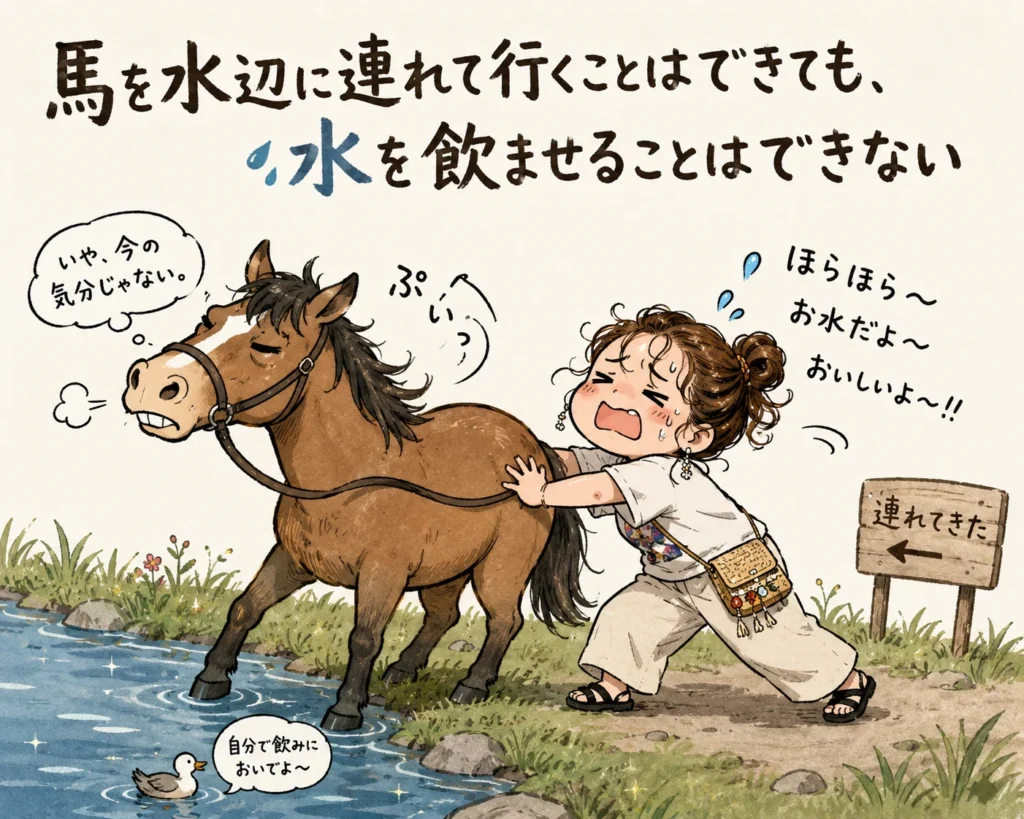 馬を水辺に連れて行くことはできても水を飲ませることはできない、を表したイラスト