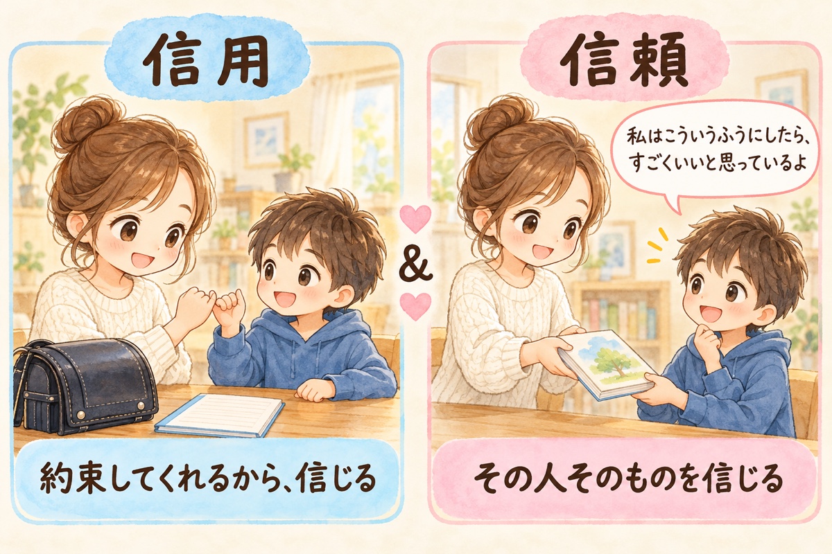 信用と信頼のイラスト。信用は約束してくれるから信じる、信頼はその人そのものを信じる
