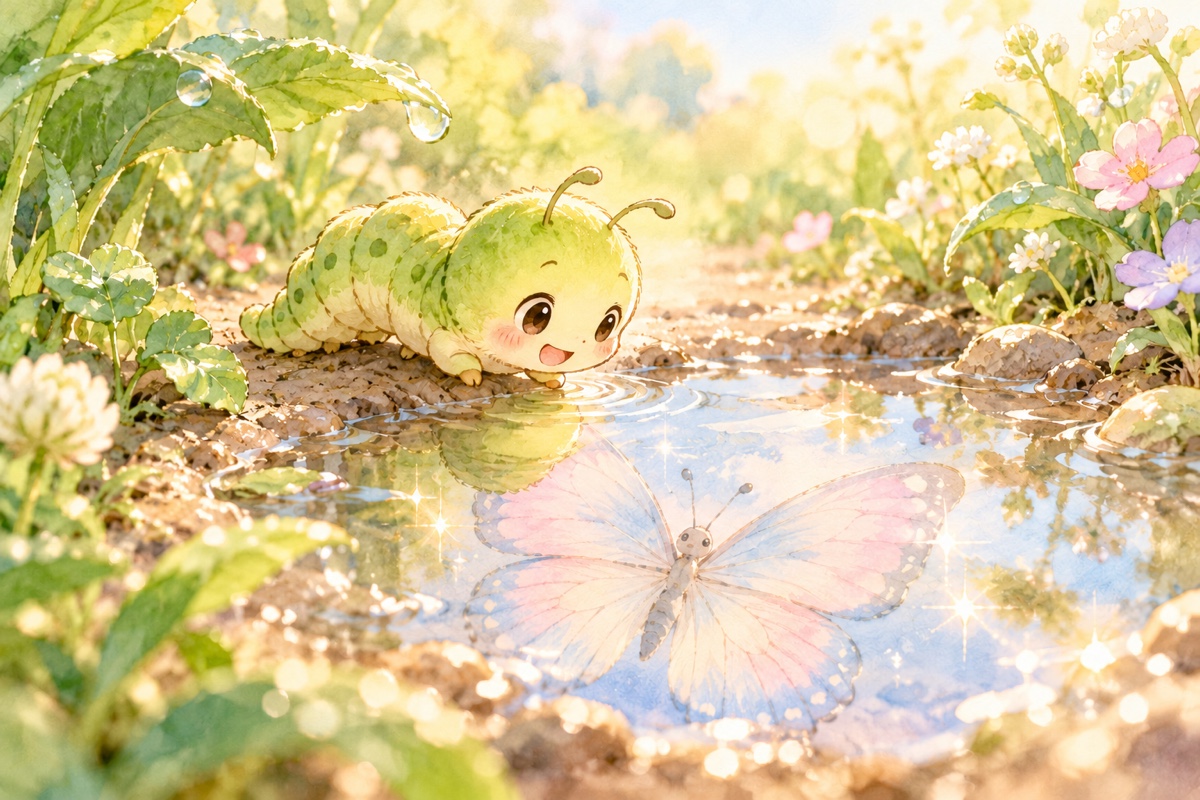水たまりをのぞきこむ芋虫のイラスト。水面には羽を広げた蝶の姿が映っている