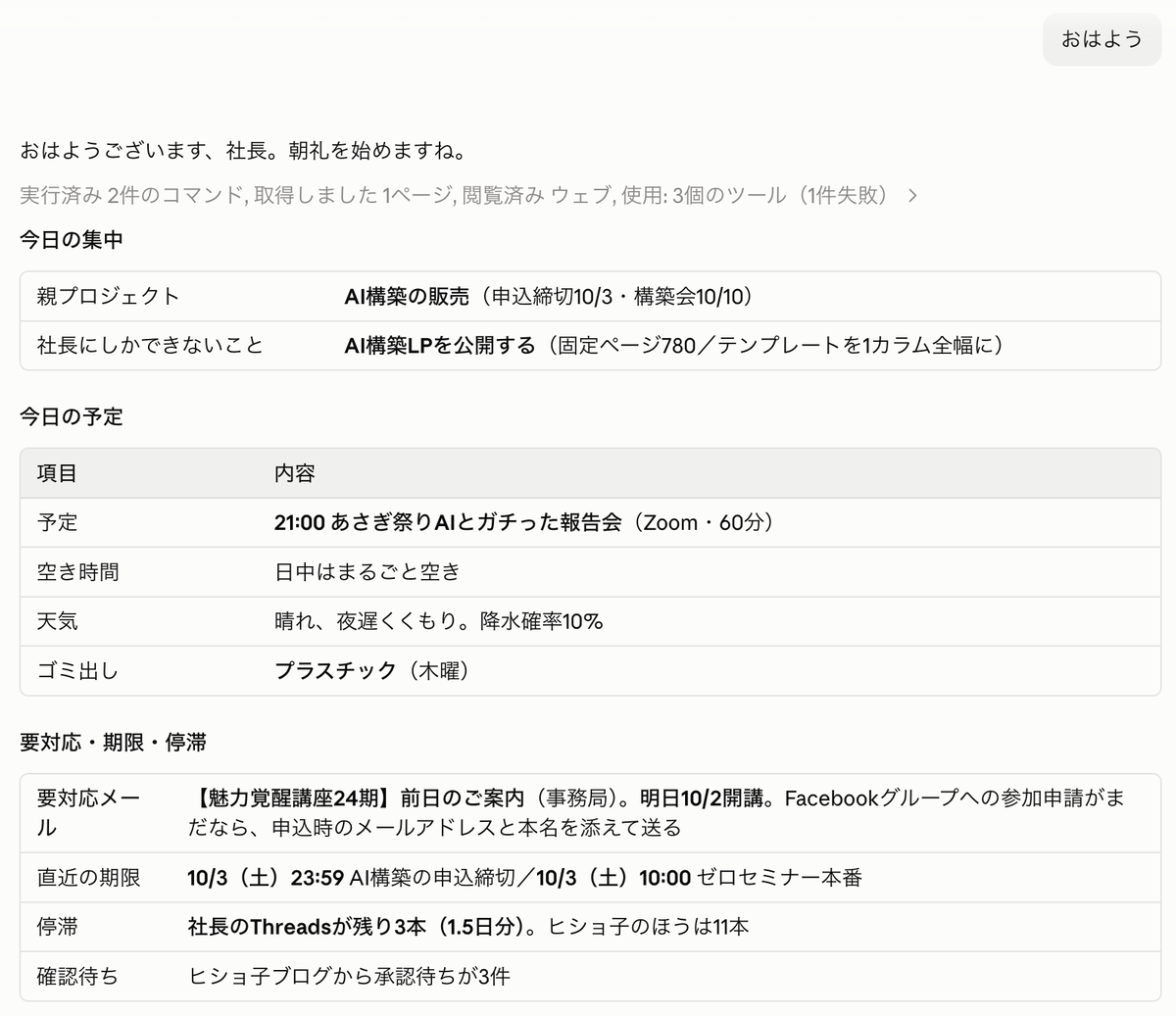 「おはよう」と打つと、今日の集中・予定・空き時間・天気・ゴミ出し・要対応メール・期限・停滞が1画面に並ぶ実際の画面