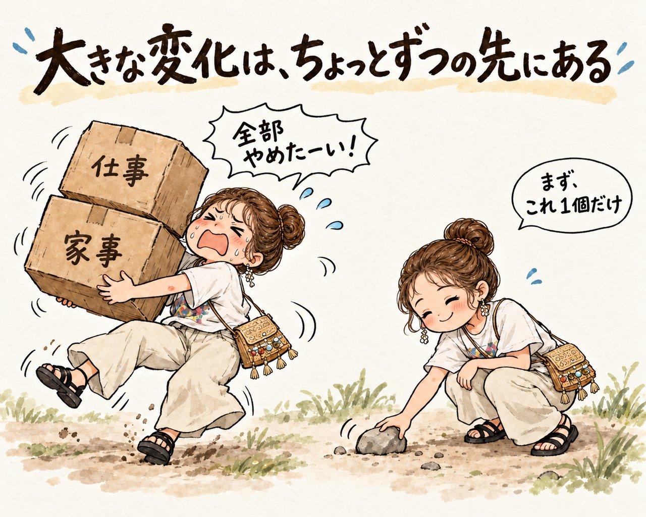 「全部やめたーい!」と大きな箱を抱えてぐらつく女性と、「まず、これ1個だけ」と小さな石を置く女性のイラスト
