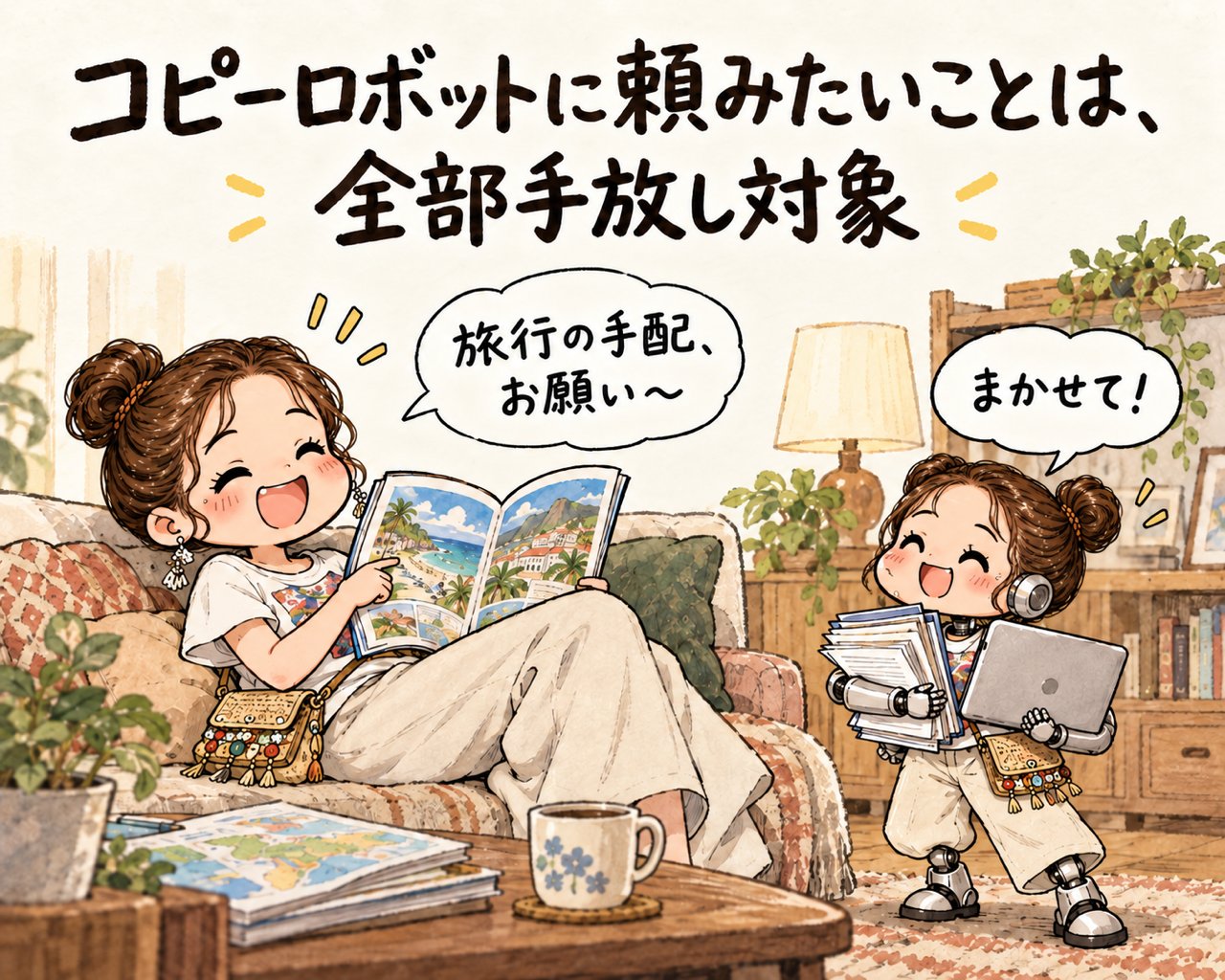 旅行のガイドブックを見てくつろぐ女性と、書類とパソコンを抱えて「まかせて!」と張り切る、そっくりのコピーロボットのイラスト