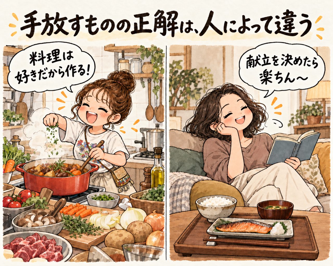 料理を楽しむ女性と、シンプルな献立を食べてくつろぐ女性。手放すものの正解は人によって違うことを表すイラスト