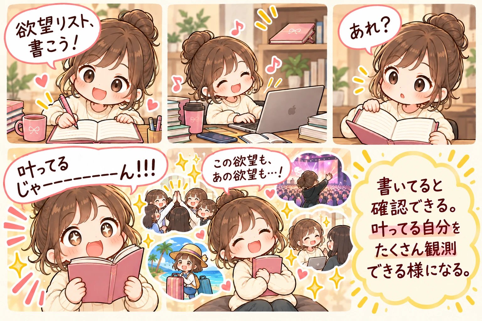 欲望リストを書く、忘れる、数年後に開いて「叶ってるじゃーーーーーん!!!」、叶った場面がたくさん。書いてると確認できる