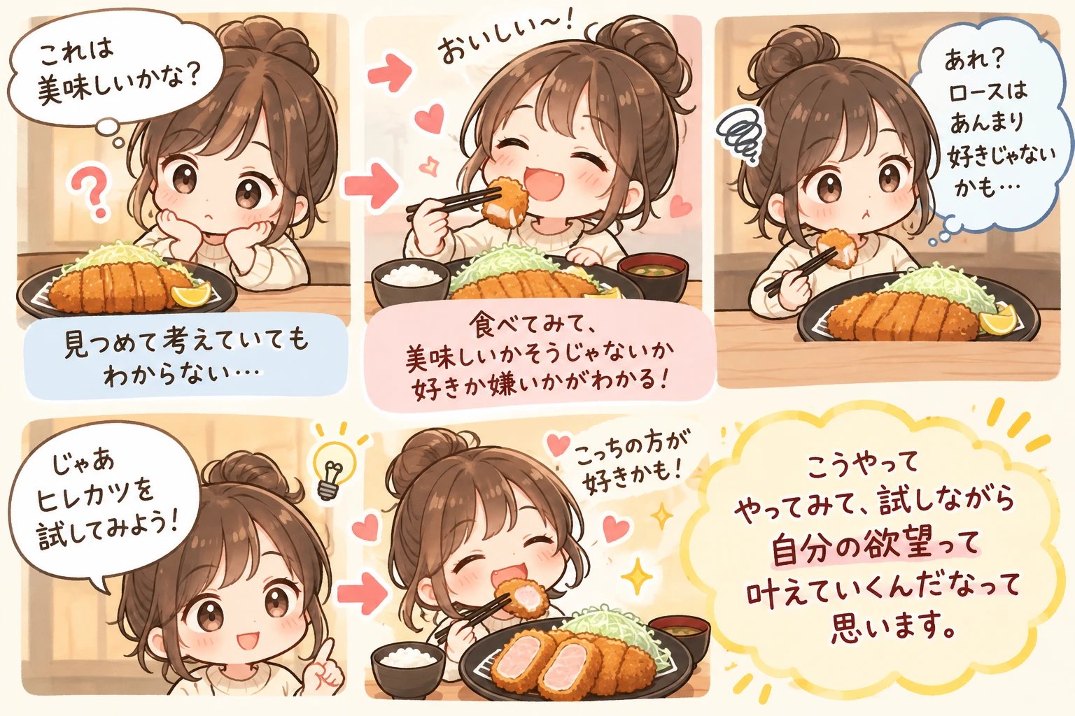 とんかつで考える欲望の見つけ方:見つめて考えてもわからない、食べてみて好きか嫌いかわかる、ロースがダメならヒレカツを試す